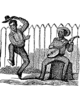 Illustration of banjo player on stump and man dancing.